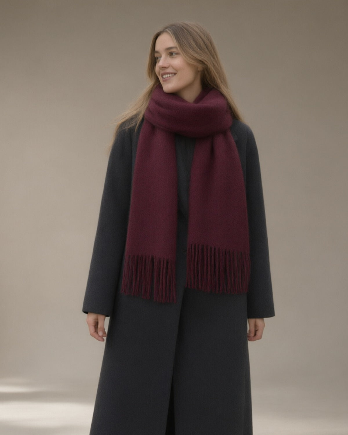 Women's Wool Scarf with Fringe, 32 x 180 cm, Burgundy – front, studio