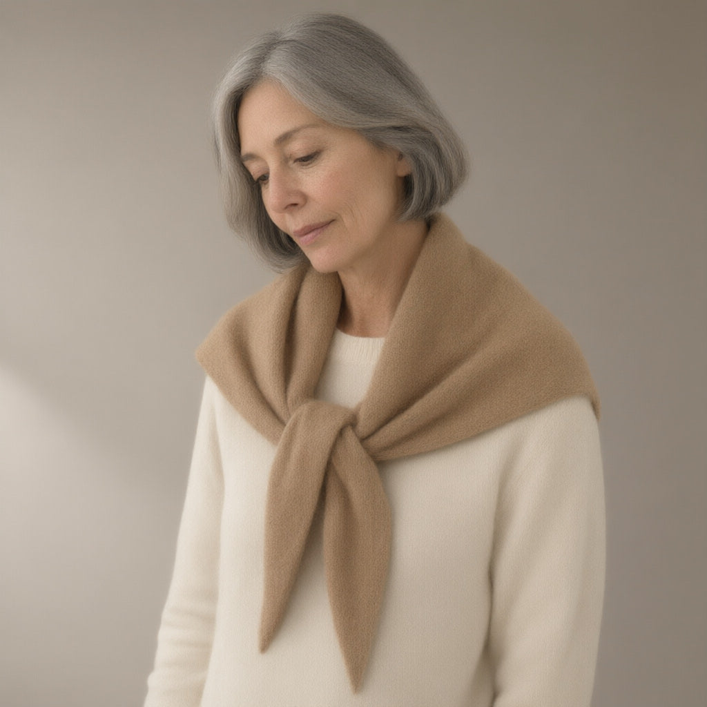 Woman wearing the wool triangle scarf, 100% wool, three-quarter view, studio