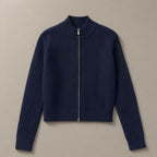 Women’s Zip-Up Ribbed Knit Cardigan, Stand Collar – Navy, laid flat on a stone backdrop